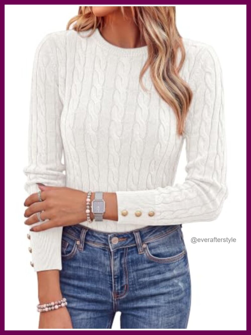 Cable Knit Long Sleeve Sweater Crewneck Button Cuff